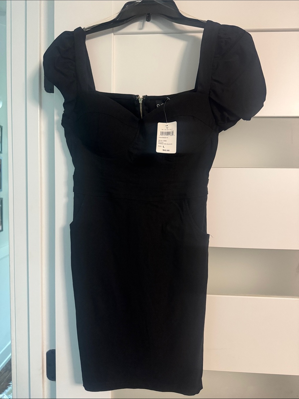 Windsor Black Square-Neck Puff Sleeve Mini Dress